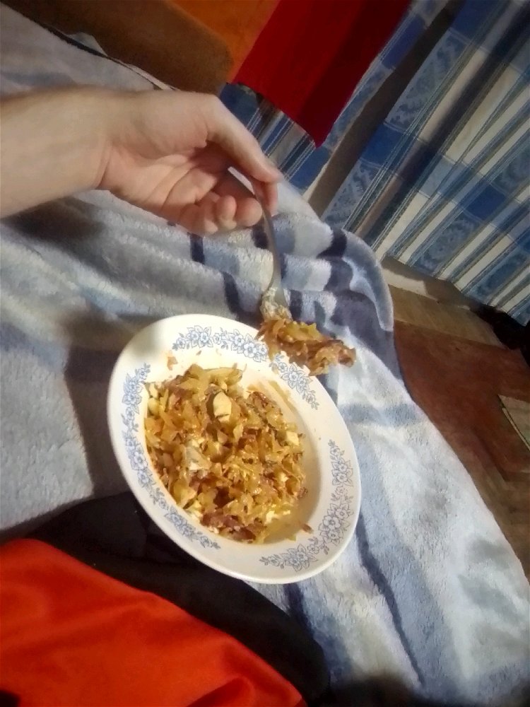 Тушёная копустка с яйцом и салями, по Питерски