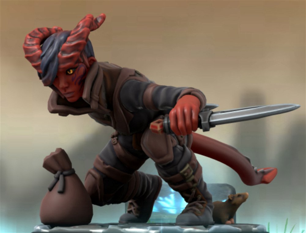 A virtual figurine of an urchin Tiefling Rogue holding daggers in a crouched position with a bag of loot next to her.