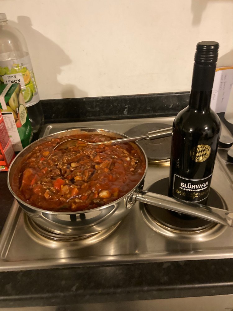 Tonight’s gourmet feast… Italian style spaghetti bolognaise with a bottle of red wine from the FC Bayern Munich football store.