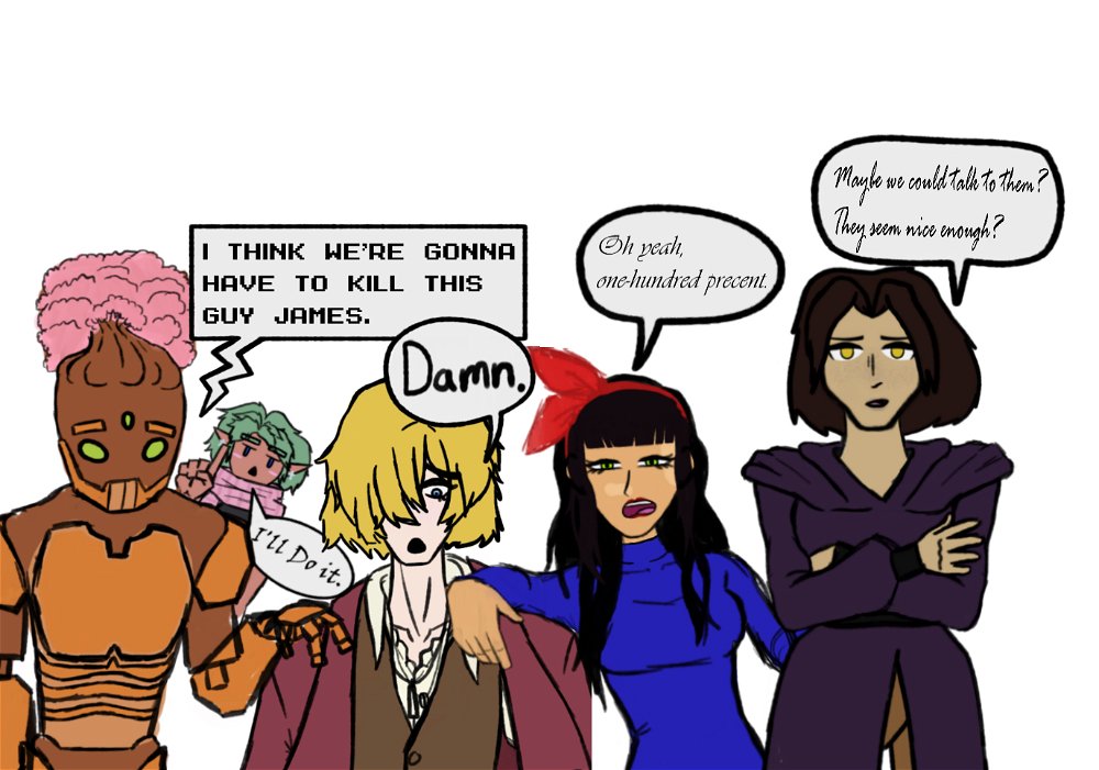 A meme drawing I did for my current dnd game I play in. My character is the blonde boy. 
