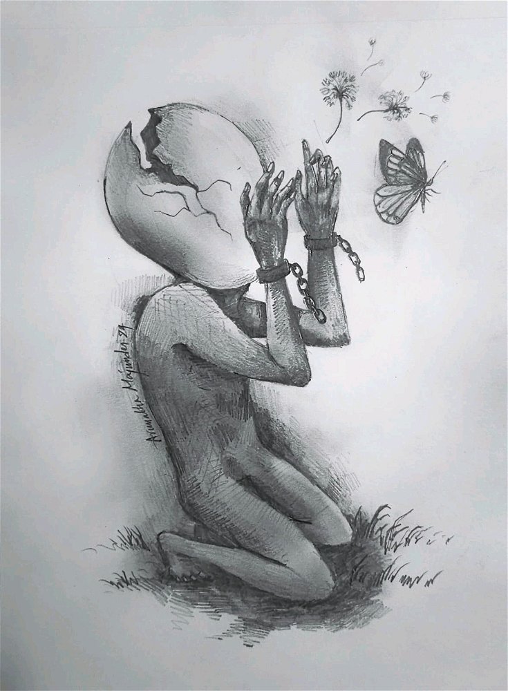 "In the cracked shell of love, an egghead bows; dandelions and butterflies carry the tale as trust disavows."