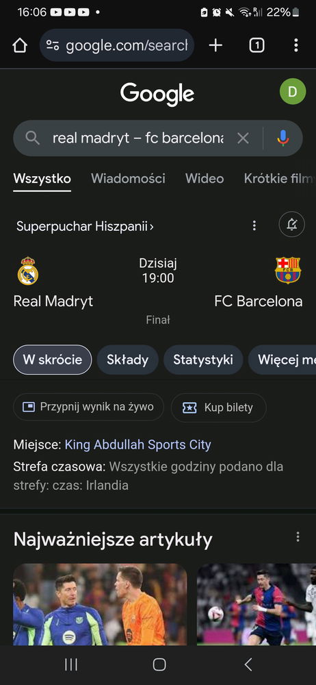 Polecam dzisiaj obejrzeć historyczne wydarzenie piłki nożnej. Szczęsny i Lewandowski w pierwszym składzie w kultowym el clasico o superpuchar Hiszpanii😊