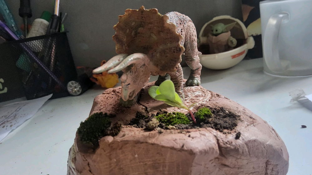 Fiz um "diorama" com argila, musgo e um dinossauro de brinquedo ao invés de estudar zoologia