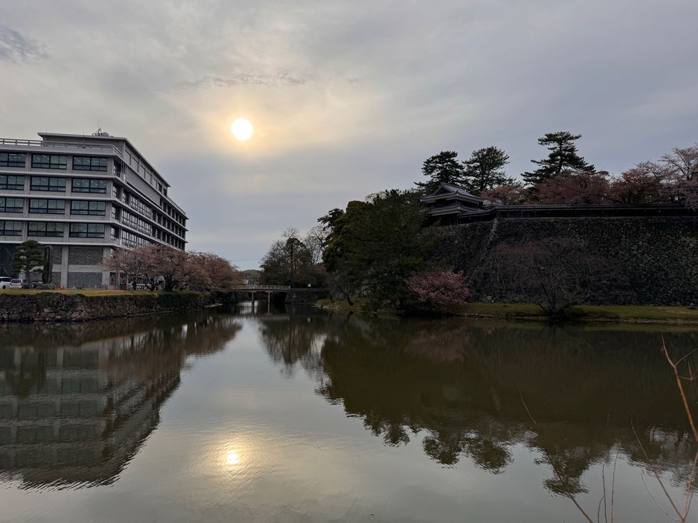Beautiful juxtaposition of the modern buildings next to the old castle, separated by nature.