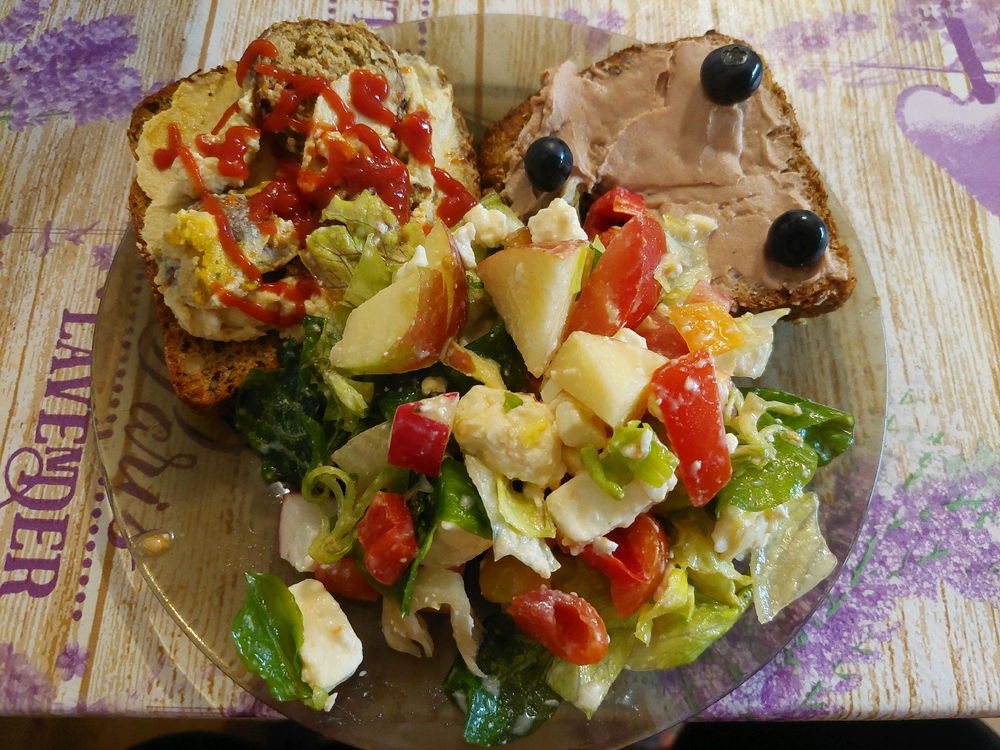 Včerejší večeře, balkánský sýr +🌶🥬🍎🍅🫑. Jeden fit chlebík s humus pomazánkou a druhý s paštikou a s 🫐.