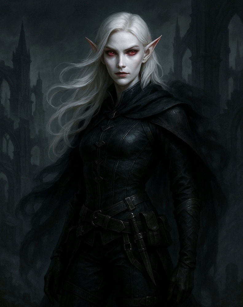 Adra Rizoblanco, la elfa Paliducha
Clase: Pícaro
Subclase: Bribón arcano 
Extra: Engendro vampiro (Astarion,Baldur's Gates 3)