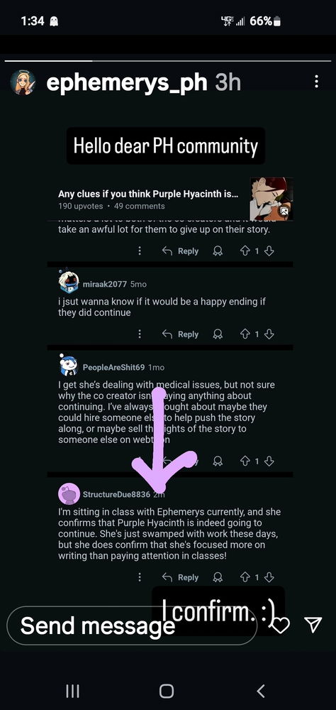 Yes! A million times yes! There is indeed still hope *cue tears of joy* 😭 I tried to hold out hope but was admittedly starting to think the hiatus would last forever. But alas! My favorite web comic on Webtoon still has hope of continuing 🙌 Purple Hyacinth 💜💜💜