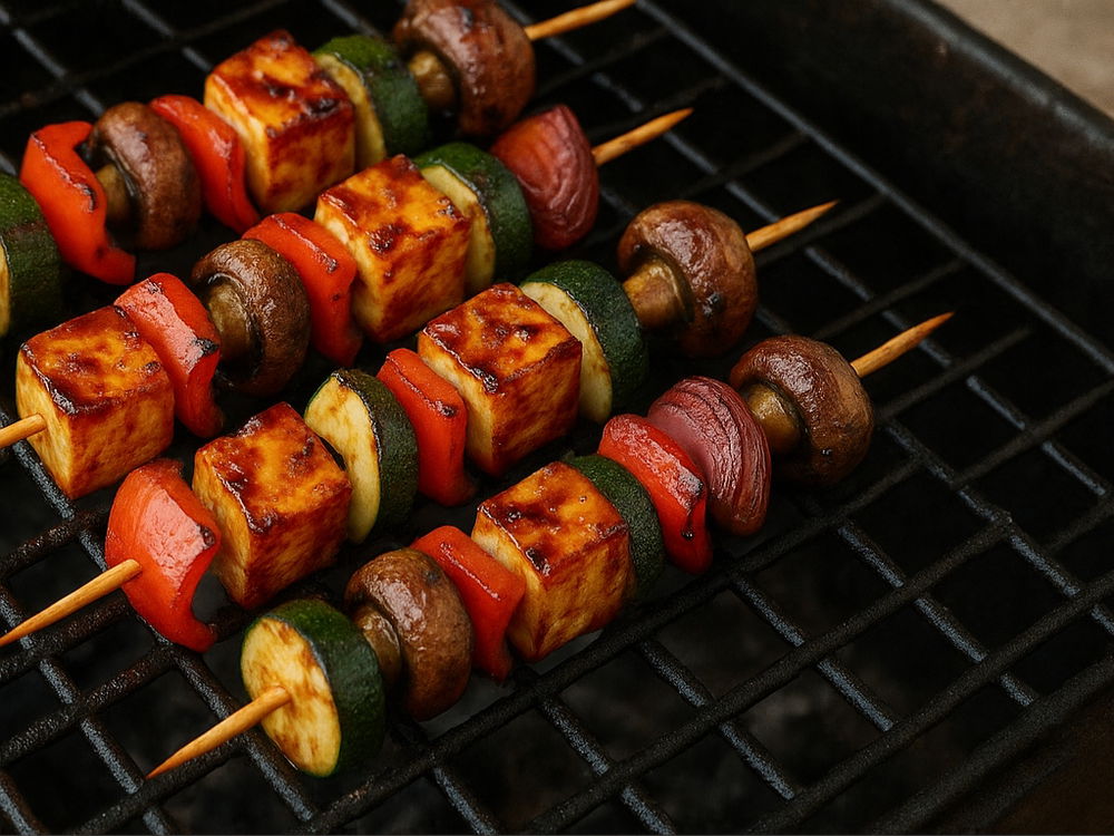 Smoky BBQ Vegan Skewers sizzling on the grill