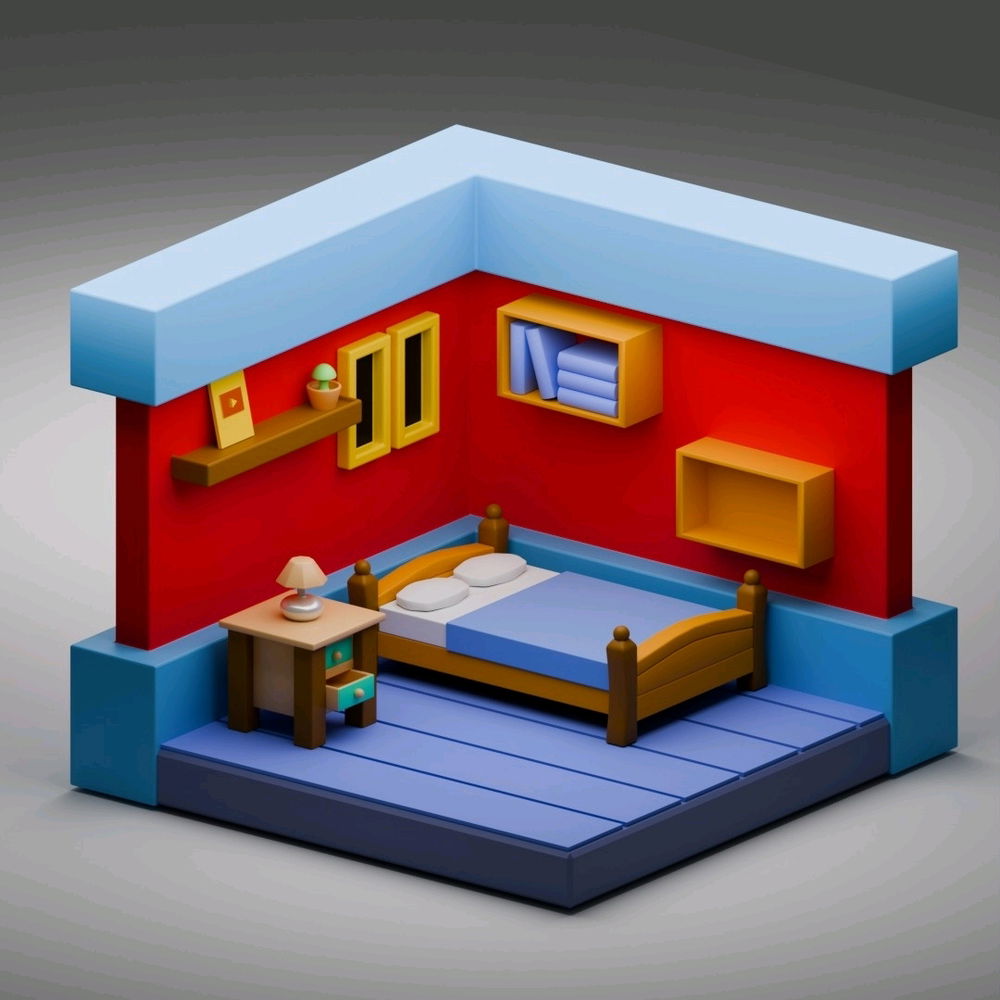 My first 3D Design, An isometric design of a bedroom