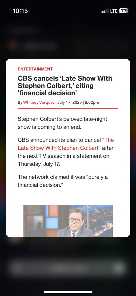 Stephen Colbert called Paramount’s settlement with Mango Musssolini a “big fat bribe” on live TV. 

Now he’s out of a show.