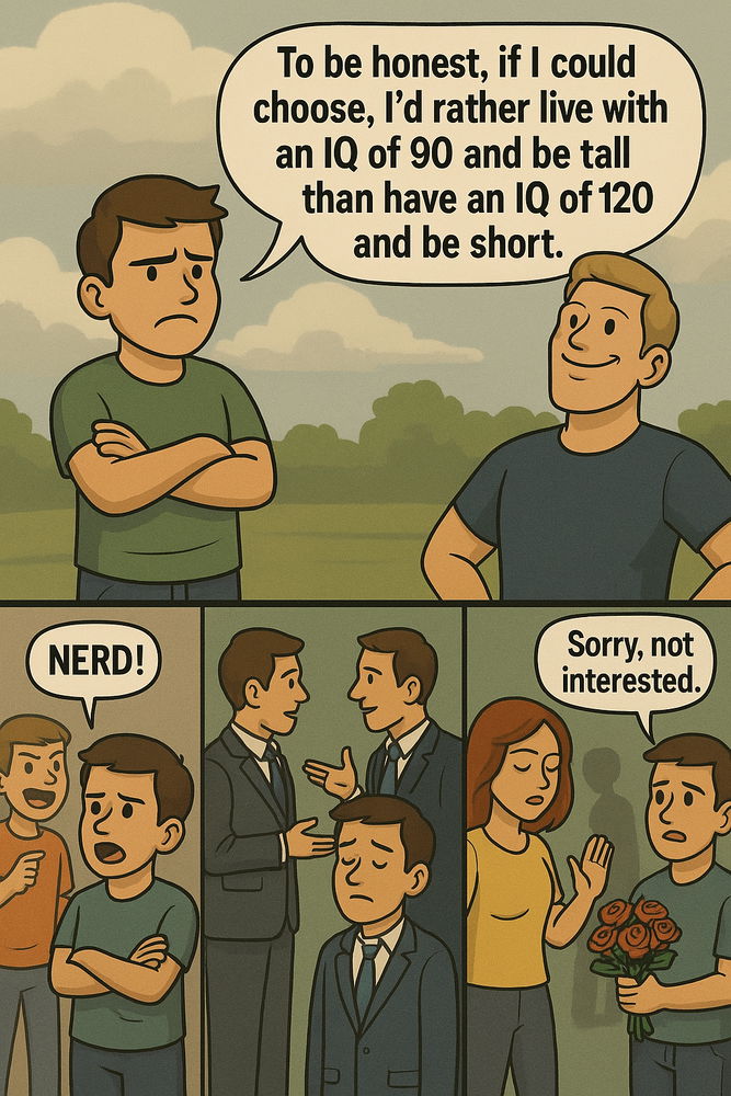 If I had a choice, to be honest, I would rather live as a taller man with an IQ of 90 than as my current self short but with an IQ of 120.
