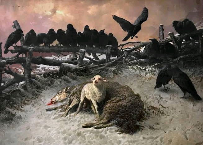 "Angustia" del pintor alemán 🇩🇪 - francés 🇫🇷 August Friedrich Albrecht Schenck (1878) óleo sobre lienzo. En la primer imagen, el artista deseaba plasmar la angustia de un cordero y su madre y en la segunda invirtió los papeles. Enorme obra de arte 🎨