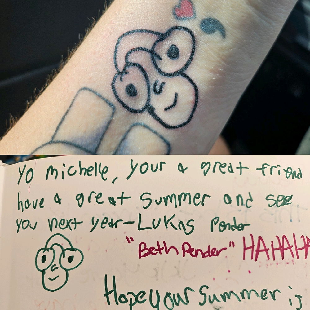 Go this tattoo of this face my friend used to sign everything with.he signed it in my yearbook and in 2012 Hes took his life.