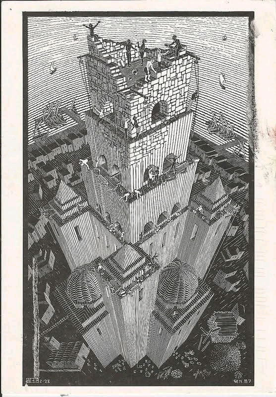 M.C. Escher. Torre de Babel. Arte surrealista. Geometría. Matemáticas.