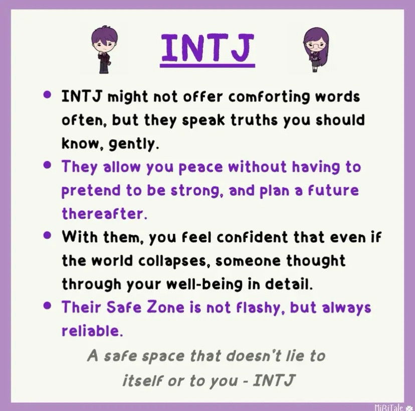 The kind of "Safe Zone" each MBTI is.

🎶I can be your hero bay-beh, i can kiss away the pain, i will stand by you forever🎶😉😂- INFJ 🖤⭐️