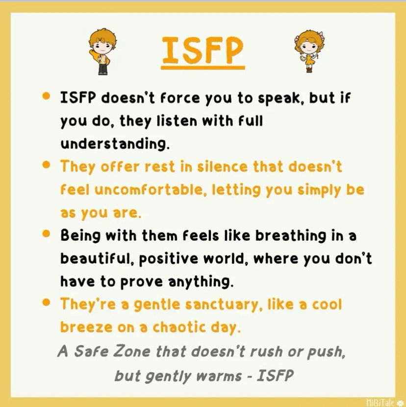 The kind of "Safe Zone" each MBTI is.

🎶I can be your hero bay-beh, i can kiss away the pain, i will stand by you forever🎶😉😂- INFJ 🖤⭐️