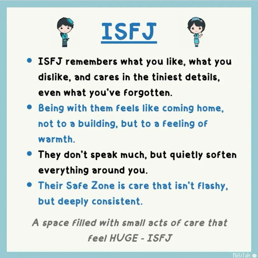 The kind of "Safe Zone" each MBTI is.

🎶I can be your hero bay-beh, i can kiss away the pain, i will stand by you forever🎶😉😂- INFJ 🖤⭐️