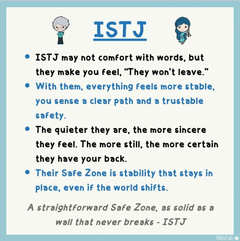 The kind of "Safe Zone" each MBTI is.

🎶I can be your hero bay-beh, i can kiss away the pain, i will stand by you forever🎶😉😂- INFJ 🖤⭐️