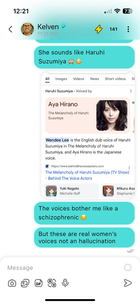 Did I just say that anime voices bother me like hallucinated voices bothering a schizophrenic? Yeah well this was a decent dub, although I like Aya Hirano too 😏 and the Japanese dub of Fushigi Yugi 🤭