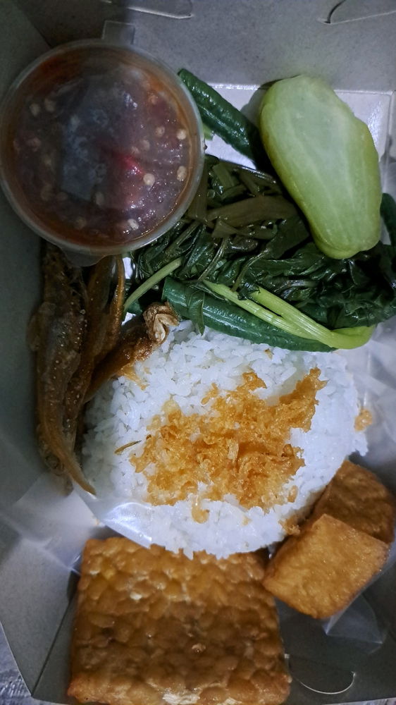 Rice with salted fish, tofu, tempe, chayote, water spinach, crispy batter, sambal