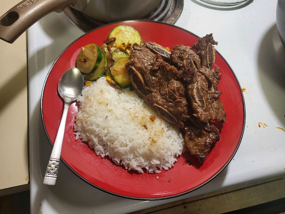 Teriyaki short ribs with stir fry zucchini and rice